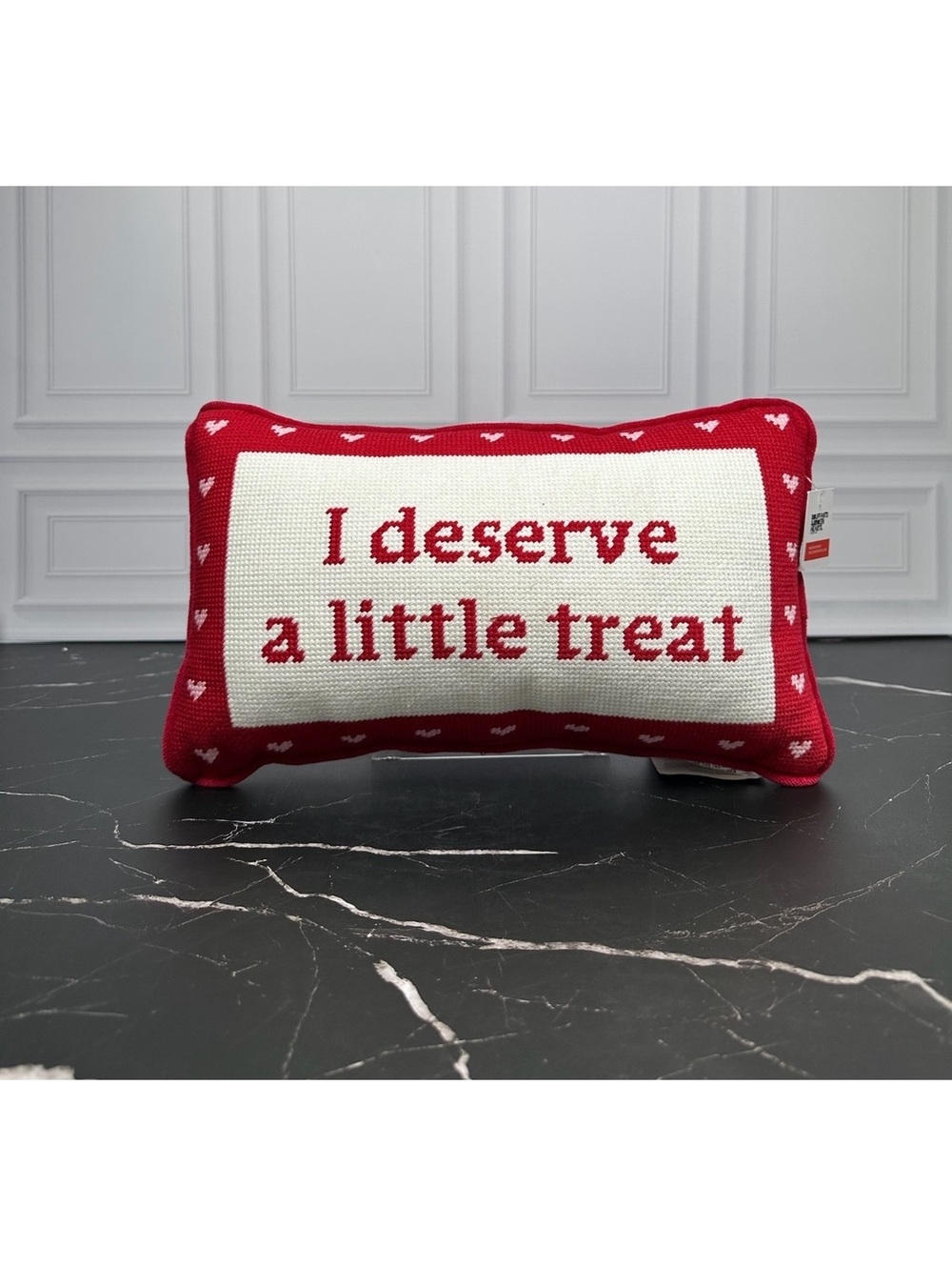 Red and White Decorative Pillow with 'I Deserve a Little Treat' Embroidery, 14x8